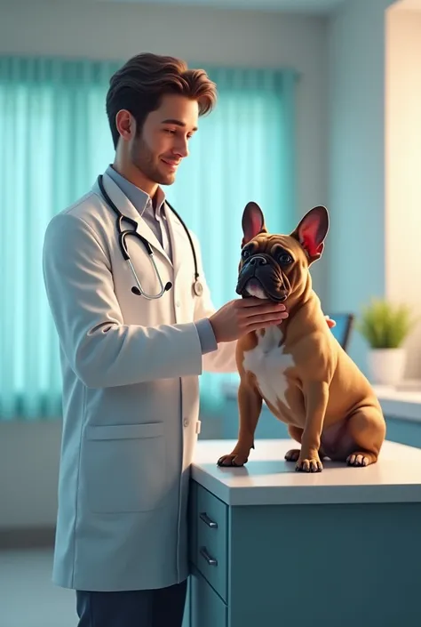 Realistic young man veterinarian with a French bulldog dog