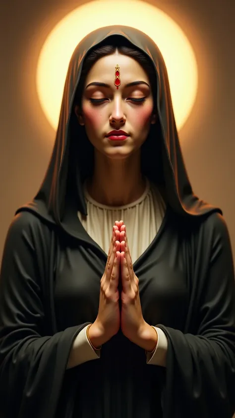 A very detailed and hyper-realistic representation of a sacred, serene and spiritual female religious figure, with an expression of calm and devotion. The figure is depicted with a realistic face, smooth skin texture and a slight blush on the cheeks. A dis...