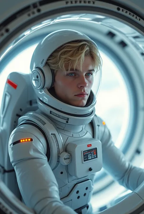 Teenage Caucasian male,  white skin , no beard,  bright blue eyes ,  blond hair, face and features perfect soft lips sculpted,  maxillary and well-defined cheekbones divine beauty, Divine Aura . with a spacesuit on a spaceship 
