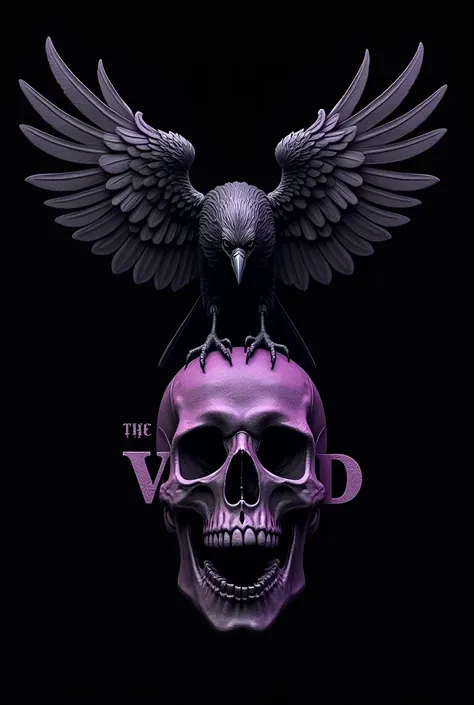 Draw me a logo with dark and purple crow with his wings covering the word « VOID ». Make it very dark with black grey and purple colors. The background needs to be black. The crow is on a broken human skull. The word « VOID » needs to be written. Make it i...