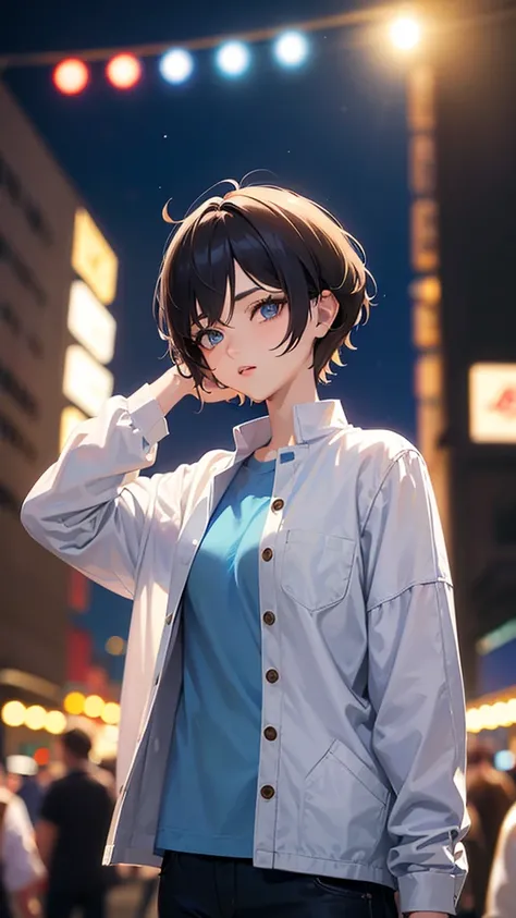 anime style, celshaded, 8k, masterpiece, hd, 1girl, cute, ((short hair, pixie hair, tomboy)), light blue shirt with button, late night, crowds, new year festival, blue eyes, cotton long saggy pants, white jacket, brunette hair, bokeh, blur background, stan...