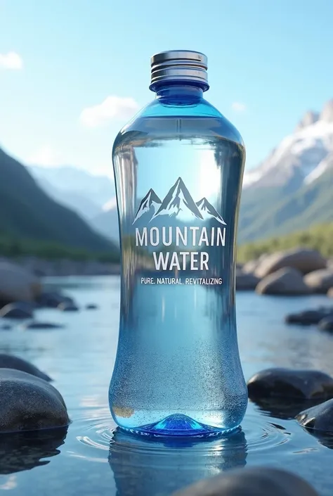 “A sleek and modern transparent water bottle for premium mountain-sourced water. The bottle has an ergonomic, curvy shape with embossed mountain peak patterns near the base. The label is minimalistic, featuring the brand name ‘Mountain Water’ in bold white...