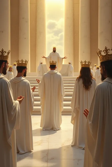 image of men and women, dressed in white robes wearing crowns, they are before a court in heaven, the sky is full of splendor, the court is full of gold and very white marble, their faces are sad, they are being shamed by the heavenly court, there is a thr...