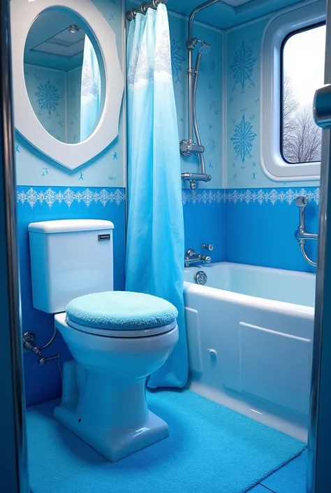  Inside the Frozen train there is a beautiful bathroom ,  with a blue toilet with a blue plush lid,  the floor is shiny plush blue  ,  everything in the bathroom is perfect , shower, bathtub,  Everything with details from Frozen , blue and white , Are ther...