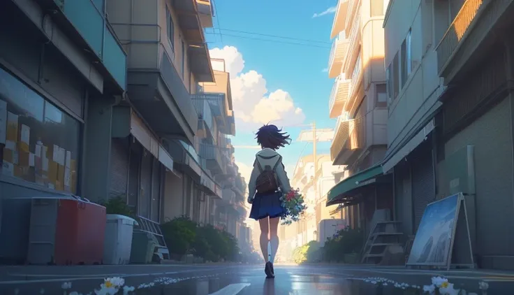 Anime girl walking down the street with a field of flowers in the background,  realistic anime 3d style in the style of Kantai Collection, Makoto Shinkai cyril rolando, in style of Makoto Shinkai,  anime style to cover left eye. 8k, style of Makoto Shinkai...