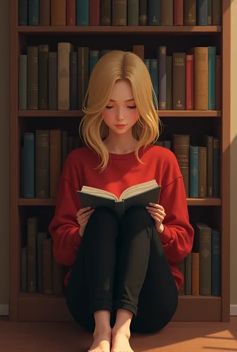 (yes SFW), a girl ,golden blonde hair,in black pants and red sweatshirt is sitting and reading a book, knees together feet apart. Behind her a bookcase.