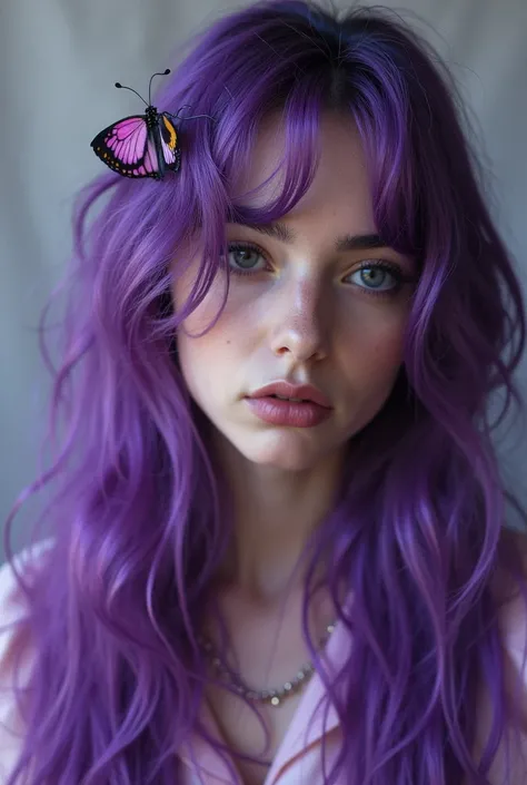 purple hair with a butterfly on it, she has purple hair, face with artgram, purple hair portrait of woman, purple filter, purple hair, purple flowing hair, dark purple hair and cybernetics, purple long hair, with instagram filters, with few vivid purple hi...