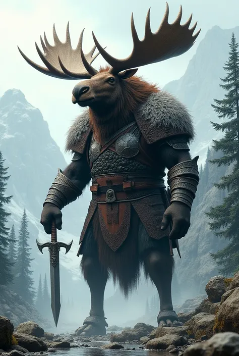 A moose as a viking standing in its 2 feet with a dagger 