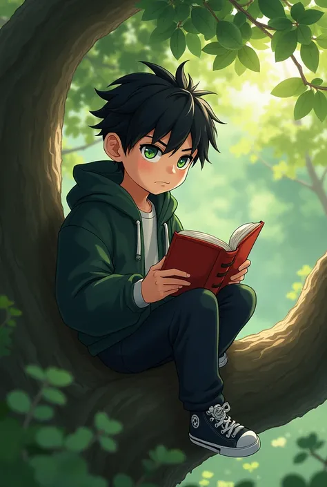 1 boy, handsome face, cool style, black hair, light green eye, seriusly face, sitting on branch, reading book, (high quality picture) (backgroud park)