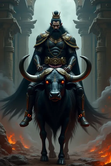 Lord Yama, the lord of death, sits atop his black buffalo, his stern face reflecting justice and discipline. Clad in dark armor with fiery accents, his glowing red eyes pierce through the darkness. Behind him, the gates of the underworld loom, surrounded b...