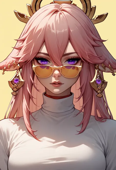 yae miko wearing trendy yellow sunglasses, yellow background, pink hair, purple eyes