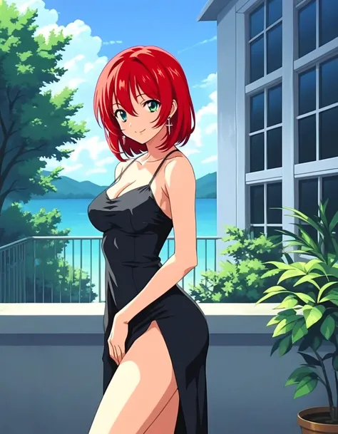 score_9, score_8_up, score_7_up, BREAK source_anime, best quality, masterpiece, rating_explicit, dna_hunter_mai, 1girl, red hair, short hair, green eyes, earrings, short, black dress, taut dress, spaghetti strap black dress, sleeveless, arms at side, earri...