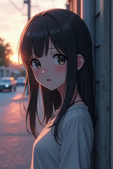 , beautiful girl with realistic black eyes, Pale skin, Medium length black hair,  Perfect Face ,  wearing shirt,  high detail, Comprehensive movie ,  Anime Party Dress,Full body photo,Standing by the street , staring at the sky ,On feet ,Street lighting, p...