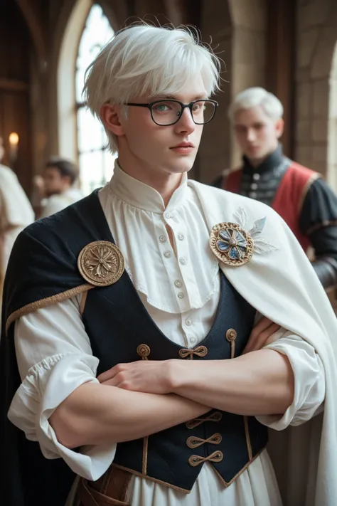  make a man of average height with short white hair with completely pale white skin and white eyes in a sleeveless overcoat with black gloves,  the characters skin must be white very pale white with a scar on his eye, Make him an albino in medieval clothes...