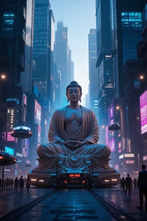 Buddha, Meditation in the heart of the city,  Cyberpunk City , Cyberpunk meditation  