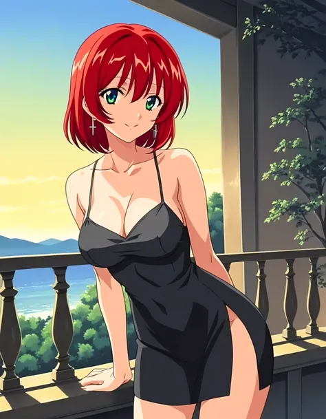 score_9, score_8_up, score_7_up, BREAK source_anime, best quality, masterpiece, rating_explicit, dna_hunter_mai, 1girl, red hair, short hair, green eyes, short black dress, taut dress, spaghetti strap black dress, sleeveless, arms at side, earrings, outsid...