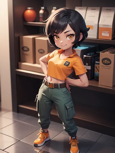 (best quality:1.3), (4K quality), masterpiece, best quality, high res, detailed, (Detailed face:1.2), (Detailed eyes:1.2), (Perfect figure:1.2), CARTOON, ANIME, CARTOON ARTSTYLE, 1girl, solo, short black hair, yellow eyes, tan-bronze skin. (Shes wearing: A...