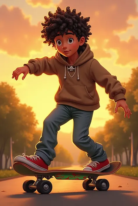  Create an image with a 19-year-old boy with curly hair that reaches up to his ears, her slanted eyes and split nose with a pale brown complexion .  He has a brown hoodie and a cross collar around his neck skateboarding a skateboard with black tires with a...