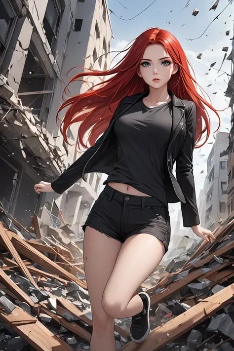  (masterpiece,  best quality, 8k,  high definition ), whole body,  1 woman ,  long straight red hair, Mid-chest,  grey Eyes ,  soft lips , Beautiful face,  wearing tight black shorts, black shirt, black jacket,  natural light,  detailed background,  Detail...