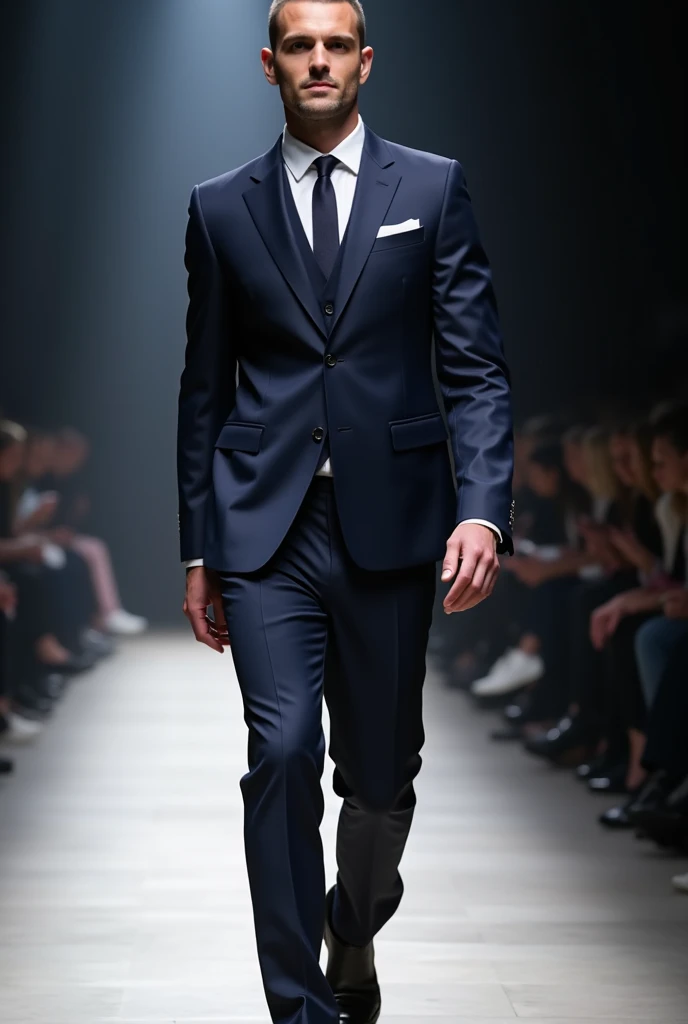  An elegant and attractive man on the runway: high (1,85-1,95m ), sculpted body, cabelos buzzcut,  bright eyes and captivating smile .  Wear a slim fit suit  (therefore/navy blue), white shirt,  subtle tie and leather shoes .  confident posture,  safe step...