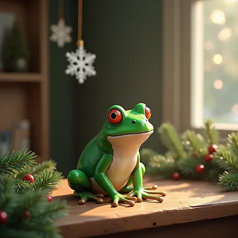 A realistic green and white spearmint striped frog,  side profile, sitting on a wooden table, warm lighting, pine garlands with snowflakes hung in the background