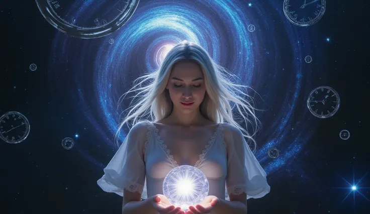 A woman surrounded by floating clocks in a cosmic void. She cradles a glowing orb of light, with a swirling galaxy as her backdrop.