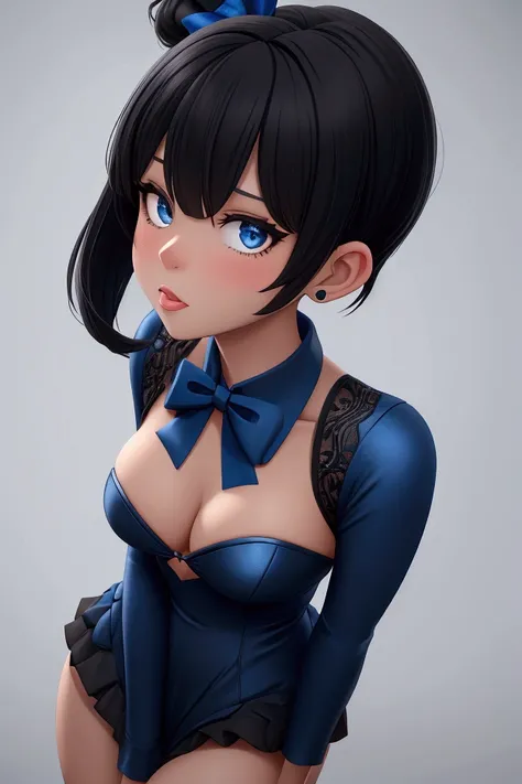  Short haired black ponytail girl with blue bow, wearing a sexy Christmas outfit 