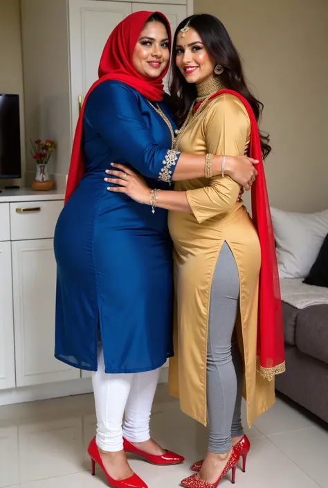 I am 40 year old plus size tall and big giant indian muslim women, looking like indian actress hansika motwani, wearing a blue kurti and shining reflective glossy white mid calf length leggings and red hijab,white-skin,white skin tone, beautiful face, red ...