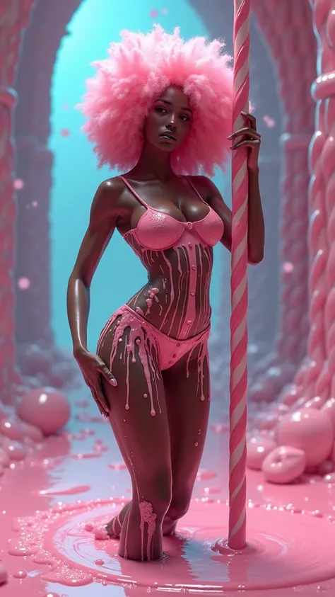 (Qingxu_Fotografía realista de retratos de belleza asiática_V11), (Qingxu_Fotografía realista de retratos de belleza asiática_F.11), A beautiful alluring candy hybrid african female, covered in gooey sticky candy, curly afro pink cotton candy hair, dark sk...