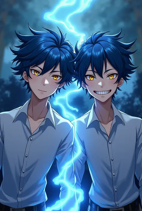 Twins, Male, Anime, Electric Eel Human,Handsome, blue hair with black highlights, narrow yellow eyes, the first one has a fake smile, looks polite, the second one has a sly smile mischievous,