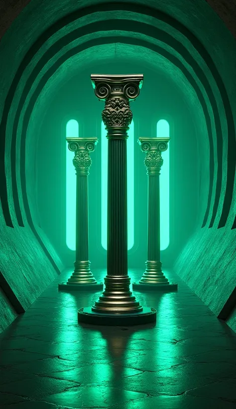 LEDs cyber punk tunnel center three pillars neon gold metallic, Color green 1%, three white pillars neo , three laterally long windows with neon white glitter, Contrasted BLUE