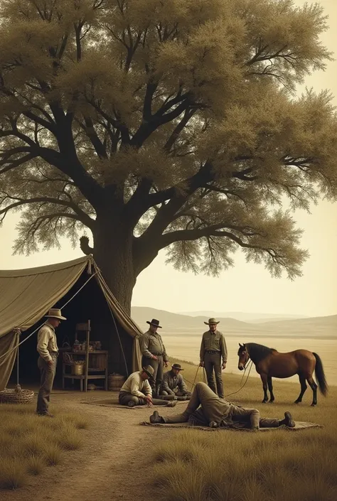 Create an image of drovers lying under a tree with a wooden tent next to it with horses on the side and a vendor inside the tent,create the image as if it were an old photo  