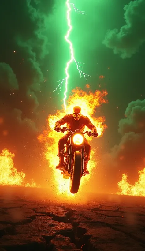 "An intense and dynamic scene of the Ghost Rider, engulfed in flames, exploding in mid-air as a massive green lightning bolt strikes from the dark sky. The Ghost Rider, with his skull burning with hellfire and a fierce expression, is surrounded by an infer...