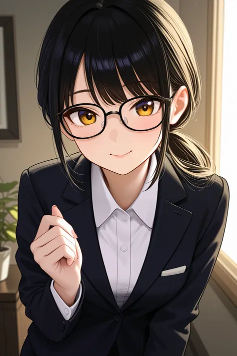 A young woman with glossy black hair styled in a loose, low ponytail. She has a gentle and approachable expression, wearing black-rimmed glasses. Her outfit consists of a sleek blazer and a neatly buttoned blouse, exuding a professional secretary look. The...