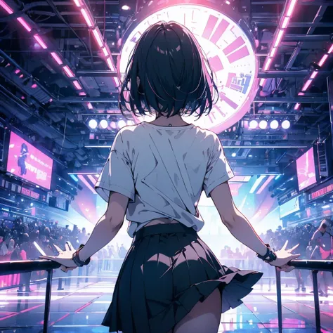 ((POV)) ((first person view)) (lifting up skirt) (male hands) (from behind), 1girl, korean female, black knee skirt, white t-shirt, underwear, nightclub, crowd, motion blur, bokeh, neon lights, realistic --ar 2:3 --s 750 --q 2