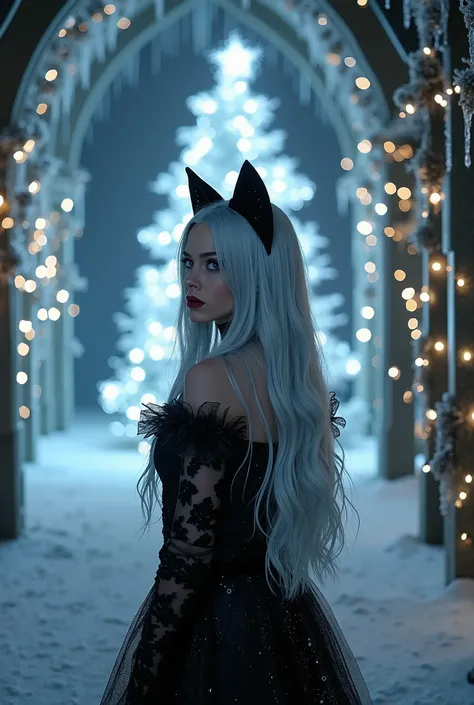 magical ice gothic Christmas, the hero in ice Christmas, with her long silver hair, ice icicles, in the style of dark black and silver, hall of mirrors, gothic style, christmas tree decorated with garlands, winter, snow, magical night, fairy lights, (cat e...