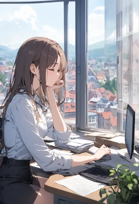 Woman sighing in office; background is window overlooking town,