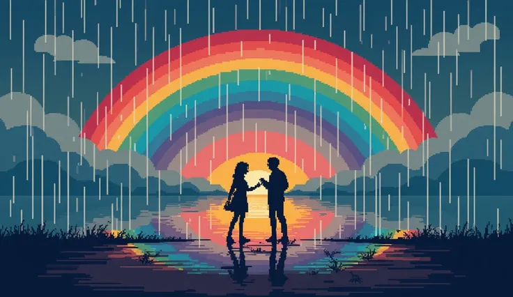  make me an album cover made of pixels , That I have a person in the rain , with a rainbow in the background,  sending messages while a couple appears arguing with a broken heart and a drunk man with a bottle of alcohol in his hand