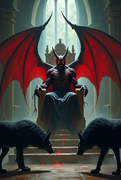 A bat-winged red demon sitting on the throne in the church with big black werewolves surrounding it