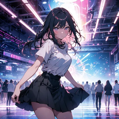 ((POV)) ((first person view)) ((male hands reaching forward)) ((lifting up skirt)), hands in frame, 1girl, korean female, black knee skirt, white t-shirt, underwear, nightclub, crowd, motion blur, bokeh, neon lights, realistic --ar 2:3 --s 750 --q 2