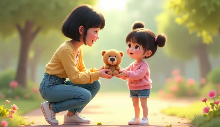 A cheerful scene of a young woman (Tante) handing a cute teddy bear to a  girl (Uwu), who looks thrilled and excited. Tante, with her short black bob hairstyle, is dressed in a yellow pastel blouse paired with high-waisted jeans and white sneakers. Her war...