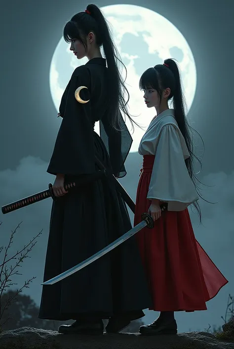 Design a lady and a girl white movie holding a katana, each black, white and red with moon ornaments in a nighttime landscape, the moonlight dims. 