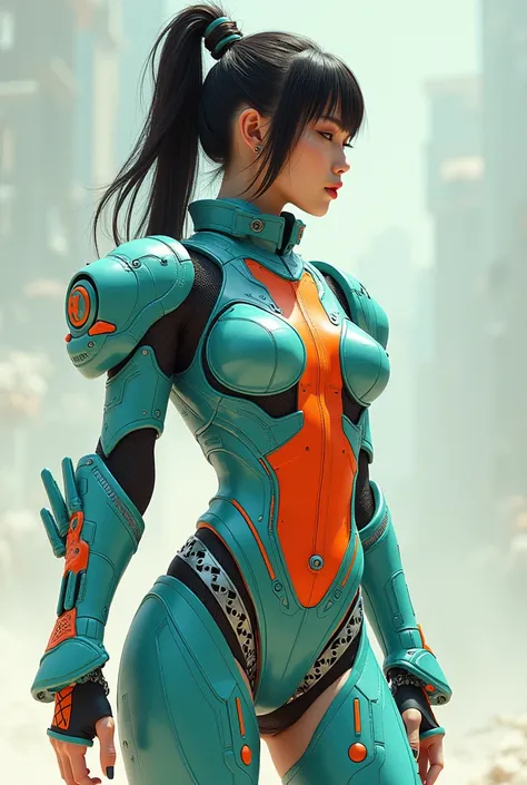 Future fashion clothing, intricate cyber mechanical turquoise and orange inner clothes. A japanese Woman with ponytail, epic pose