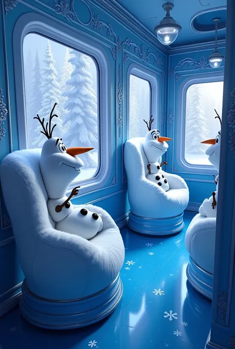  Inside the Frozen train there are several plush armchairs in the shape of Olaf ,  glass windows .. The shiny blue plush floor  ,  the shiny plush blue walls ,  Everything with details from Frozen , blue and white , I want the armchairs shaped like Olaf . 