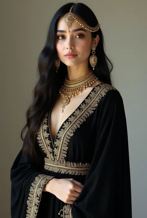 A Iran women skin white and black hair black lehenga and black sleeve full gold head chain and slippers realistic 8k uhd upscale 