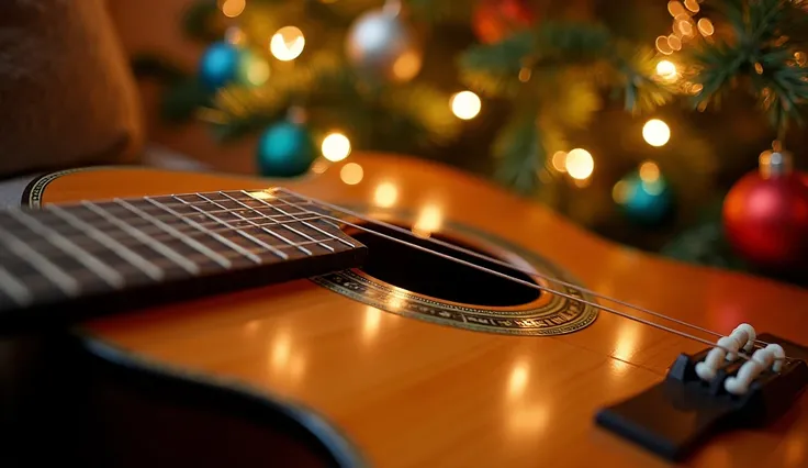 a guitar near christmas tree