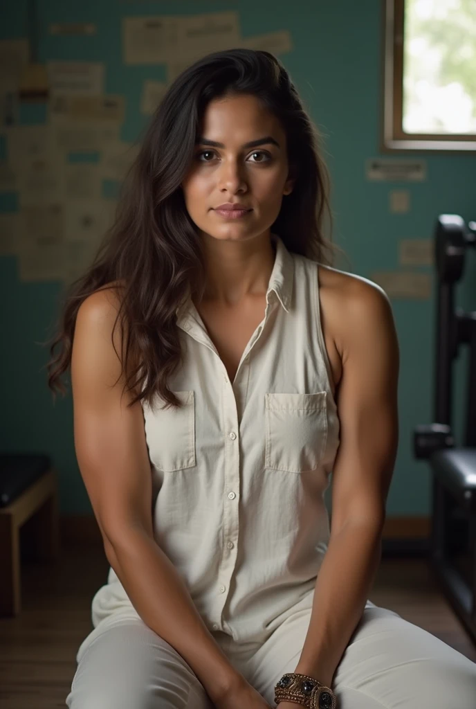 40 year Kerala beautiful heavy muscular danger woman pt teacherwith heavy muscular arms and biceps wearing cotton kurti working sitting in at sports room with heavy shredded muscular biceps and triceps with viens