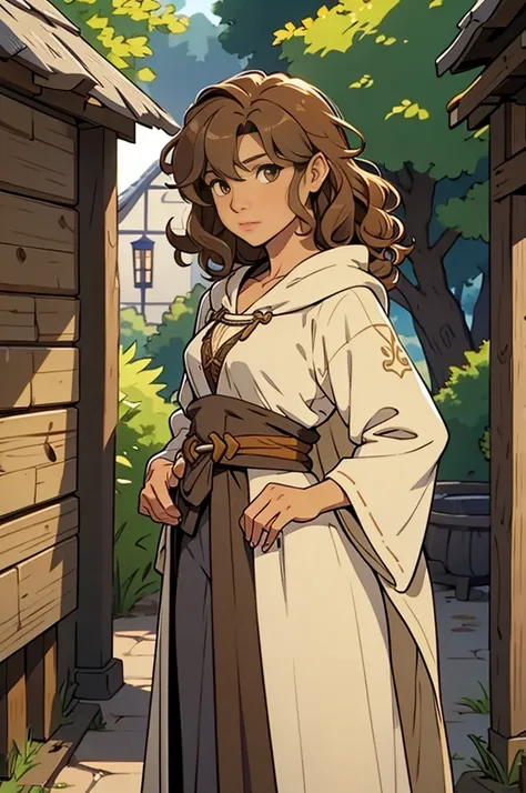 Solo, female, bard, standing, looking at viewer, tan skin, fantasy village, linen tunic, cloak, light brown hair, curly hair, highlights