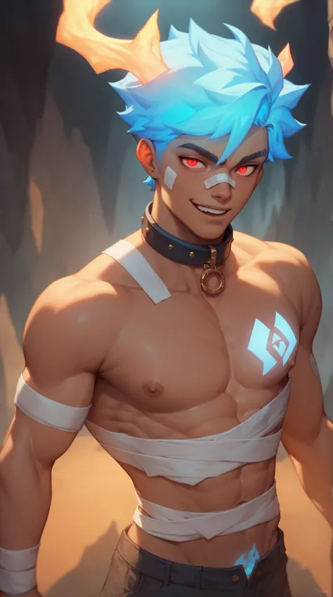 masterpiece,  Best Quality , Ghost Handsome Guy , Soul body，Handsome boy，slim figure，dark cave， glowing red eyes ，bandage，Blue hair，Glowing Tattoos ， dark skin ，(Mucus)，Collar