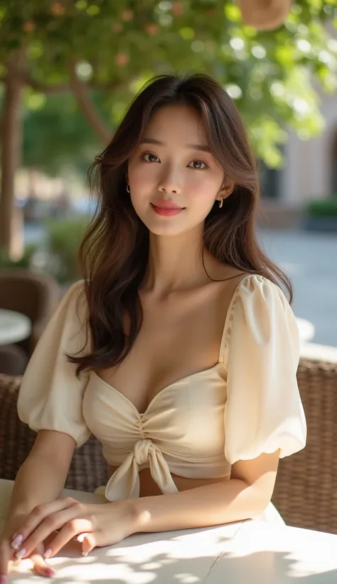 A 20-year-old fair-skinned Asian woman poses gracefully at a dining table, on a luxurious cafe terrace, wearing a cream crop top tied at the waist, revealing a sweet design and beautiful chest, the satin fabric emphasizes luxury, the puffed sleeves help to...